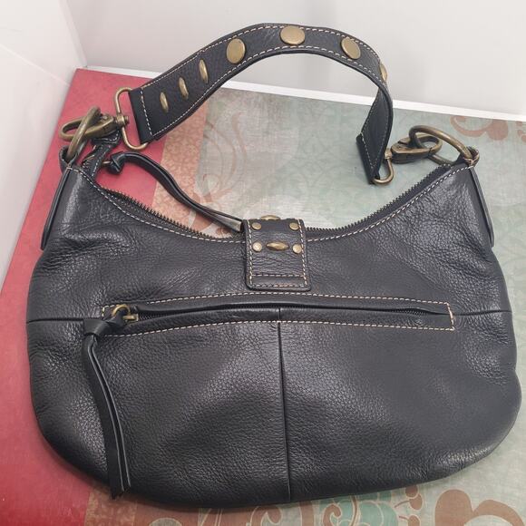 J.F. Fine Leather Shoulder Bag Brown Studded Y2K Flap Snap Outside Zip 6x11 inch - Picture 4 of 11